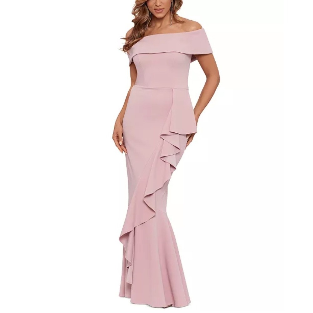 Betsy & Adam Women's Rose Off-The-Shoulder Cascading Ruffle Formal Evening Gown